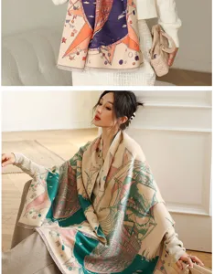 Winter thick cashmere-feel scarf shawl, vintage architectural print warm cape for women.