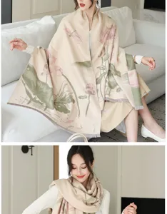 Chinese style lotus print imitation cashmere shawl warm thick winter scarf wrap for women