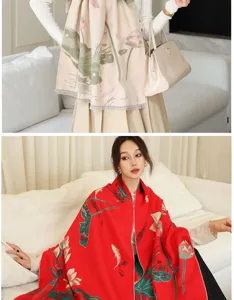 Detail view of the elegant Chinese style lotus printed winter warm imitation cashmere shawl.
