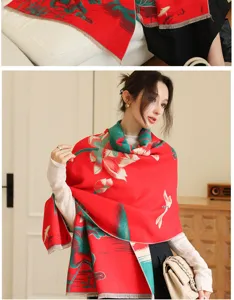 Chinese style red green lotus print imitation cashmere winter shawl warm thick scarf wrap