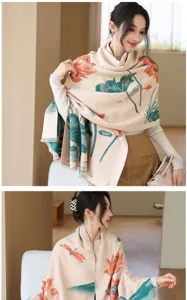Elegant Chinese style imitation cashmere winter shawl scarf, featuring lotus and dragonfly pattern.