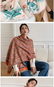 Cozy imitation cashmere shawl winter scarf stylish lotus and geometric pattern cape for women