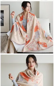 Detailed view of Chinese style autumn winter warm cashmere feel shawl scarf, elegant floral print.