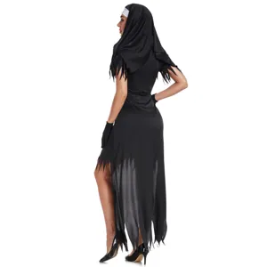 Costume de cosplay de nonne zombie d'Halloween pour femmes, robe noire déchirée avec coiffe.