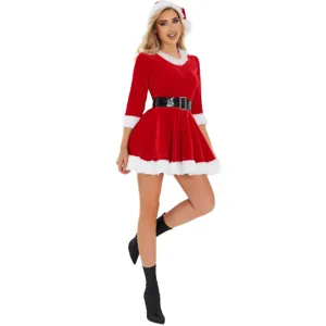 Detailed view of the sexy red velvet Christmas dress costume with white faux fur trim.