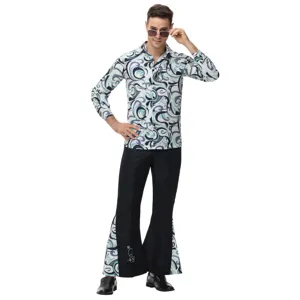 Retro 70s disco party men's costume featuring a psychedelic print shirt and matching flared pants.