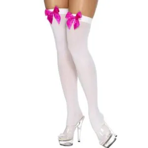 White thigh-high stockings with pink bows and clear high heels for women, sexy hosiery.