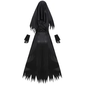Ensemble costume de nonne fantôme noir avec robe à ourlet dentelé, voile et gants pour Halloween.