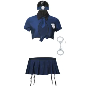 Sexy police role play costume set including crop top, pleated skirt, cap and handcuffs.