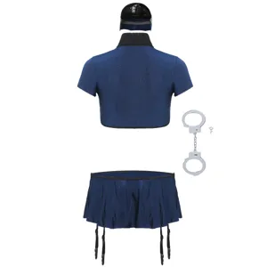 Detailed view of the dark blue police role play costume set including top, skirt and cuffs.