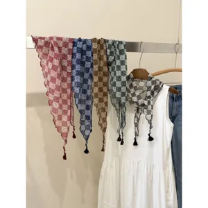 Japanese vintage checkered floral triangle scarf with tassels stylish women neck wrap kerchief