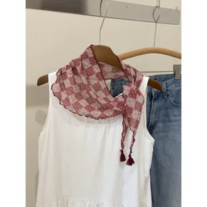Retro Japanese style red checkered floral scarf women chic triangle scarf new items