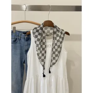 Japanese retro floral plaid triangular scarf with chic tassel design for women daily use.