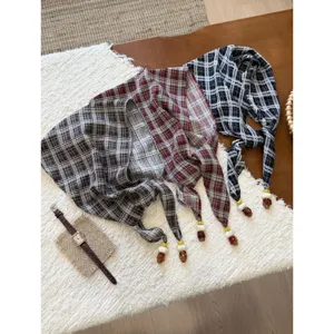 Vintage plaid triangle scarf with bead ties, aesthetic cotton linen bandana skirt curtain detail.