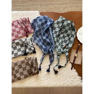 Japanese vintage floral plaid triangular scarf with tassels, aesthetic neckerchief and head wrap.