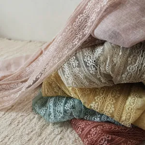 Elegant lace spliced long shawl scarf, literary cotton linen feel sun protection wrap.