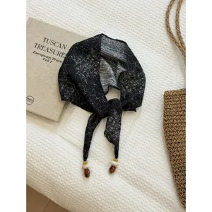Vintage black floral print triangular scarf with tie straps and beads, chic boho hair wrap.
