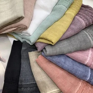 Women cotton linen feel large shawl lace trim versatile sun protection scarf multi color
