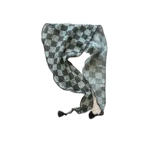 Retro Japanese checkered floral small scarf with tassels stylish neckerchief hair band
