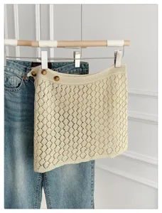 Beige hollow knit layering skirt spring summer fashion chic waist tie half skirt for women
