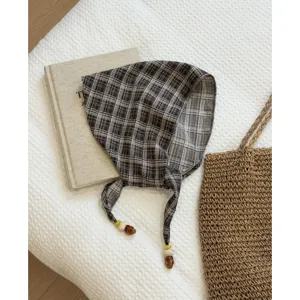Retro plaid cotton linen triangle scarf with straps, chic spring summer fashion accessory.