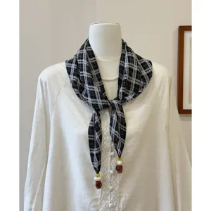 Retro black and white plaid cotton linen triangle scarf with bead charms for stylish layering.