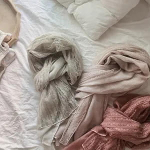 Women lace patchwork long scarf shawl, elegant vintage sunscreen cotton linen wrap cape.