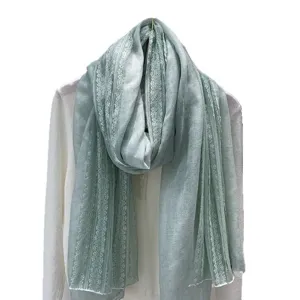 Elegant sage green lace patchwork long scarf for women, versatile cotton-linen feel shawl.