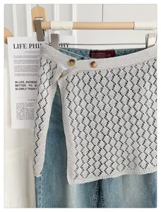 Korean style hollow knit layered skirt detail, breathable mesh fabric with denim trim.