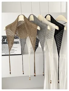 Korean style hollow-out knit triangular scarf shawl with beaded strings for women summer