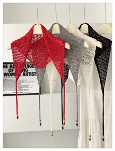 Korean style plain color beaded hollow-out knitted triangle shawl versatile decorative scarf.