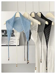 Korean style hollow out knit triangle scarf with beaded tassel strings for women daily versatile layering
