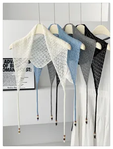 Hollow out knitted triangular scarf with beaded tassels, chic hollow design for women daily wear.