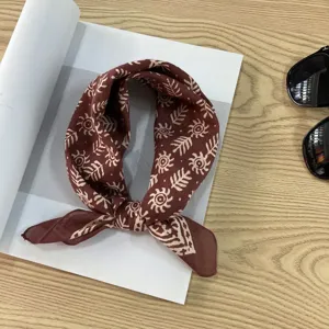 Brown cotton small square scarf with vintage retro printed pattern, elegant neckerchief accessory.