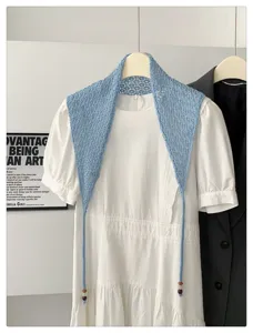 Korean style solid color hollow knit triangle shawl with beaded ties, elegant daily wear.