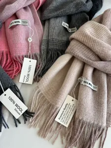 Close-up detail of soft wool winter scarf texture, premium cozy tassel fringe accessory