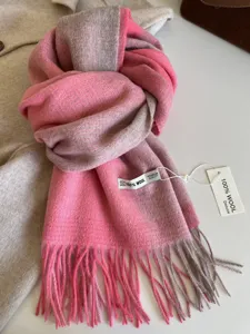 Pink grey gradient wool scarf with tassels, cozy winter warm fashion accessory for women.