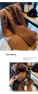 Double-sided wool scarf for women winter warm two-tone long tassel neck wrap accessory