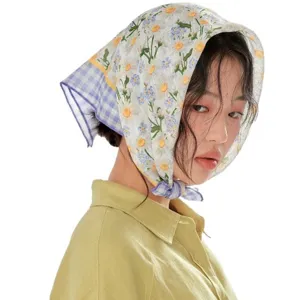Cotton linen floral square scarf retro bandana head wrap spring summer women fashion accessories