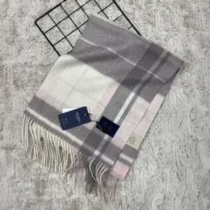 Classic grey and pink plaid wool scarf with fringe, soft winter warm tartan neck wrap.