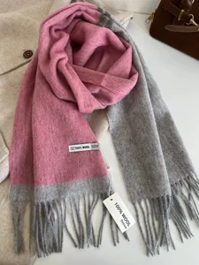 Cozy winter color-block wool scarf with delicate fringe detail, premium warm neck wrap for women.