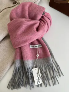 Pink grey color-blocked wool scarf detail view, premium warm winter fringe shawl for women.
