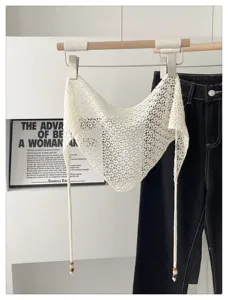 Korean style white crochet triangular scarf with beaded tassels, versatile knitted shawl.