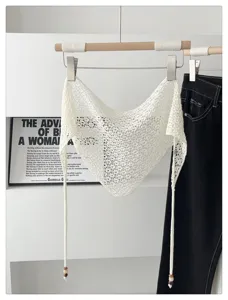 Korean style minimalist hollow knit triangle scarf chic beaded strap layering accessory