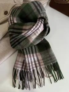 Classic plaid wool scarf with fringe detail, cozy winter accessory for men and women, detailed view