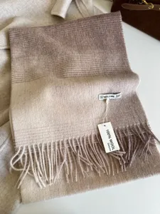 Close-up detail of the soft gradient wool winter scarf showing fine fringe and fabric texture.