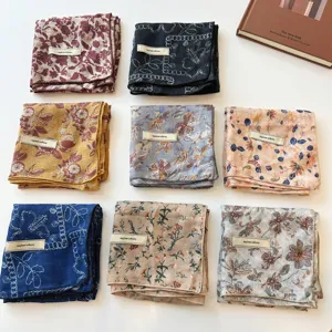 French Retro Literary Square Scarf For Women Elegant Floral Print Polyester Versatile Head Scarf Neck Scarf