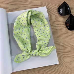 Light green leaf printed cotton head scarf spring summer breathable fashion square scarf