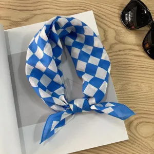 Blue and white checkerboard cotton bandana scarf, detail view showing texture and pattern.
