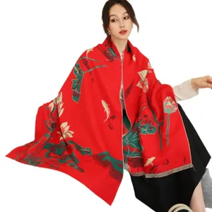 Chinese style red lotus print imitation cashmere thick warm winter shawl scarf for women